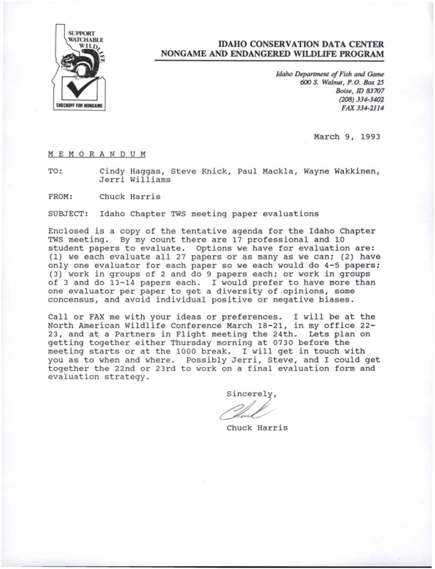 A letter about 'Idaho Chapter TWS meeting paper evaluations'.