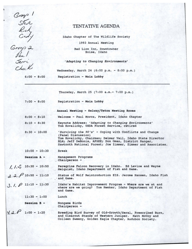 An agenda for the 1993 annual meeting with handwritten comments.