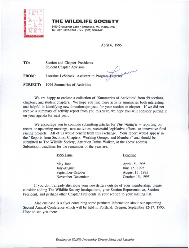 A letter about the TWS '1994 Summaries of Activities'.