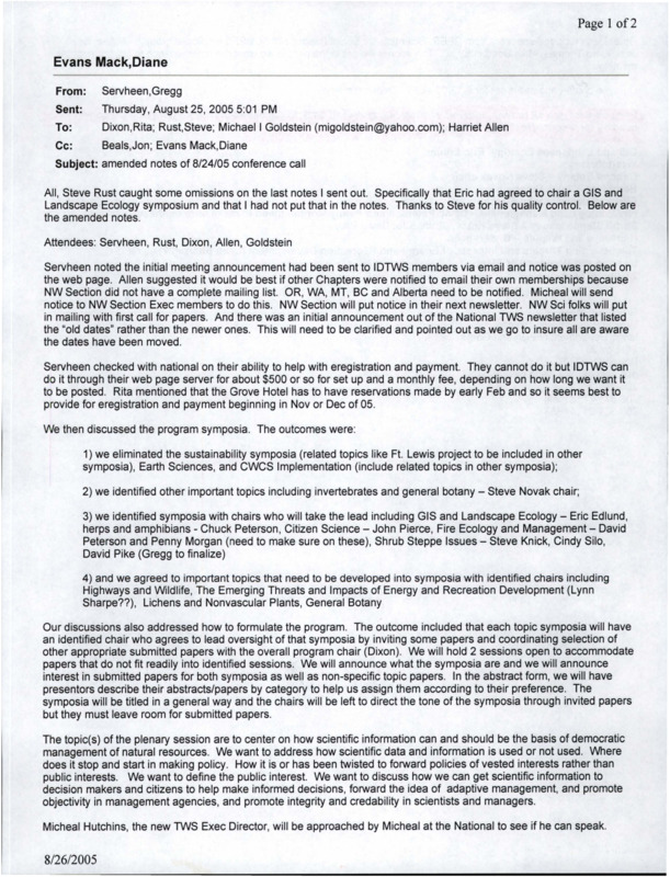 A printed email about 'amended notes of 8/24/05 conference call'.