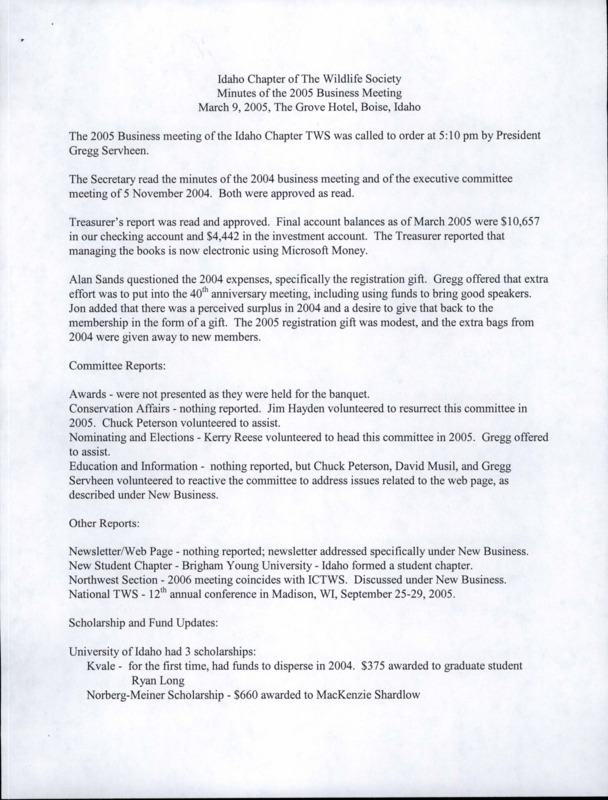 Summary of 2005 business meeting document. A printed email including relevant topics not in the summary.