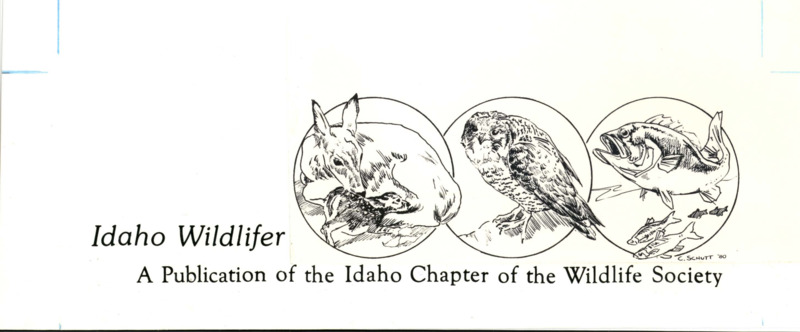 A small document reading 'Idaho Wildlife: A Publication of the Idaho Chapter of the Wildlife Society' with three circles with deer, owl, and fish in each circle encompassing the majority of the page.