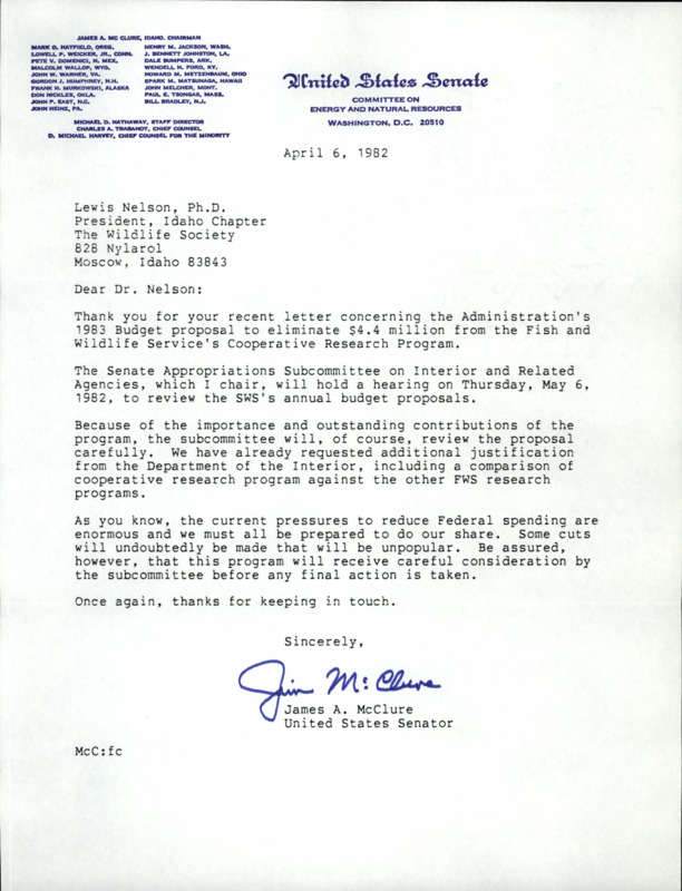 Letter from Senator James A. McClure to Lewis Nelson about the 1983 budget proposal that would cut $4.4 million from the Fish and Wildlife Service's Cooperative Research Program.