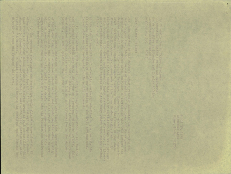 Alternative version of 'Letter about Hells Canyon in Idaho' with the standard ICTWS headings. Letter about Hells Canyon area in Idaho and its relation to a draft environmental impact statement.