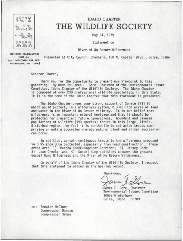Letter about Senate Bill 95 on the 'River of no Return vicinity' and acres of land.