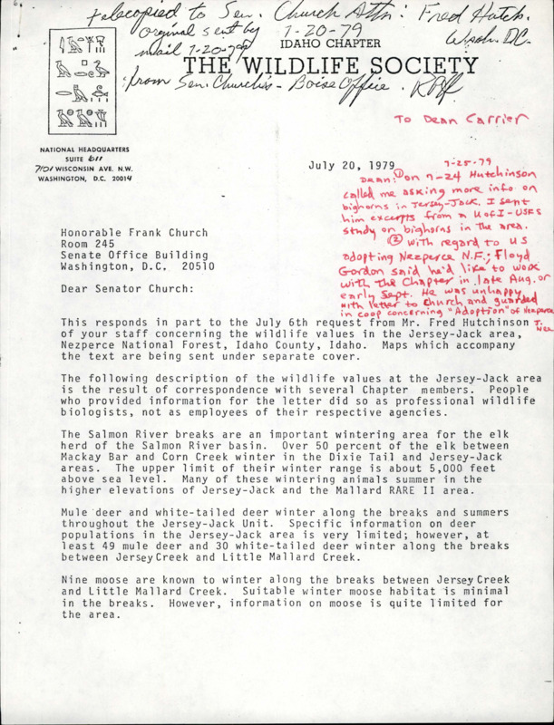 Letter about the wildlife in the Jersey-Jack Area. Wildlife includes but is not limited to mule deer, white-tailed deer, moose, and bighorn sheep. Letter includes handwritten notes in red ink and black ink on the top of the first page.
