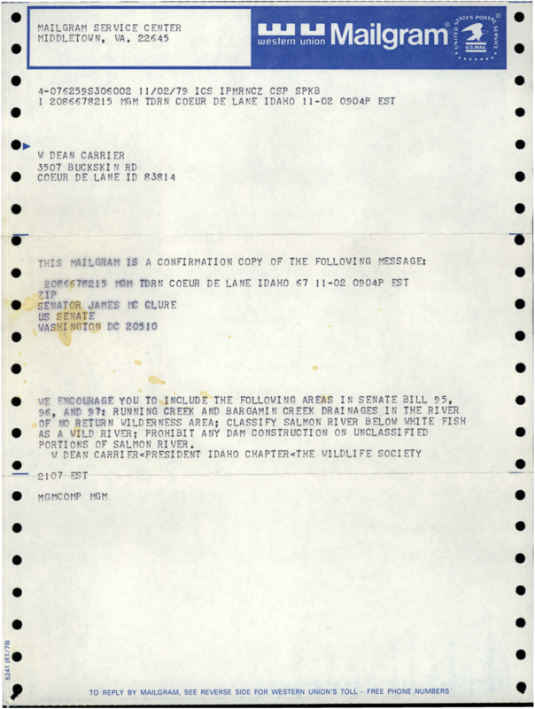 A mailgram/confirmation copy of a message regarding Senate Bill 95, 96, 97.