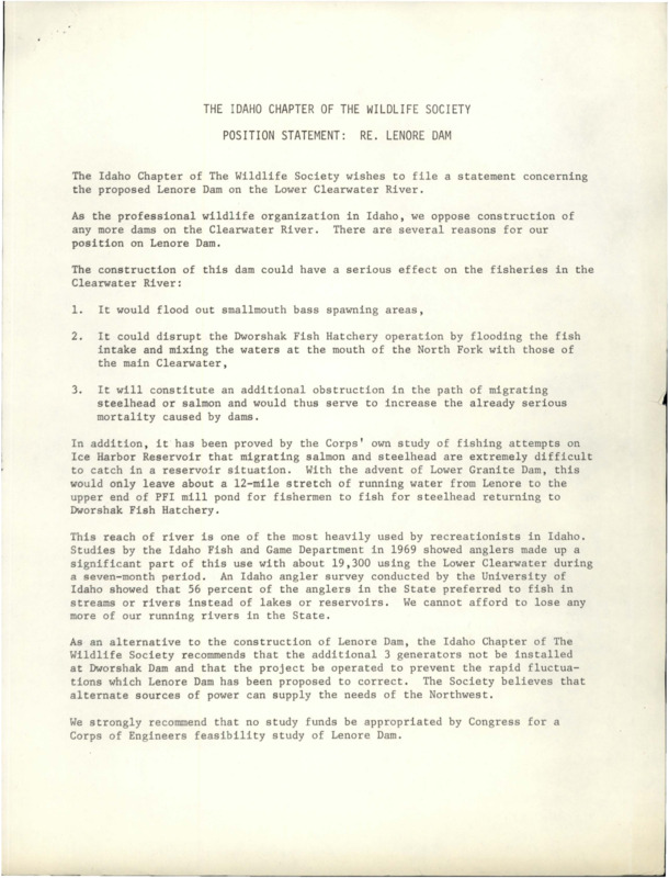 A document on 'Position Statement: Position RE. Lenore Dam'. ICTWS opposing stance on any more dam construction near Clearwater river.