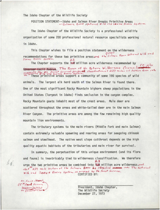 A document regarding 'Idaho and Salmon River Breaks Primitive Areas' with handwritten comments and edits in red ink.