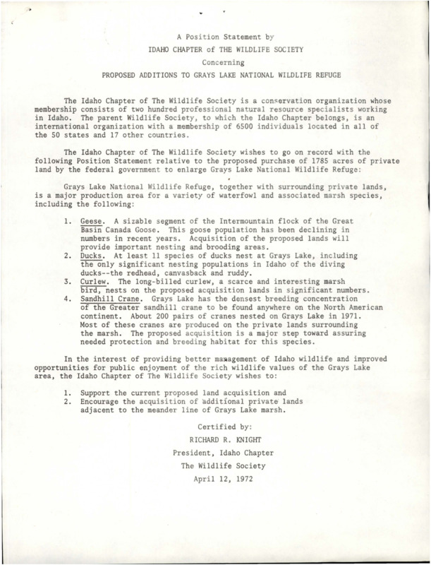 A copy of the document 'Proposed Additions to Grays Lake National Wildlife Refuge' sent as a letter to a Thomas Leege.