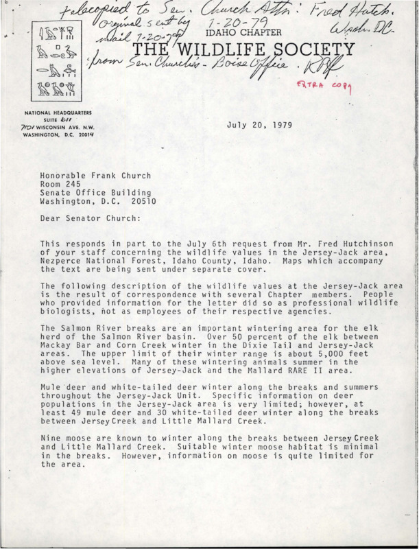 An extra copy of the letter about the wildlife in the Jersey-Jack Area. Wildlife includes but is not limited to mule deer, white-tailed deer, moose, and bighorn sheep. Letter includes handwritten notes in red ink and black ink on the top of the first page.
