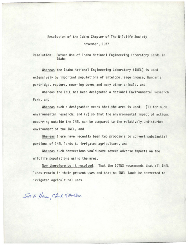 An ICTWS resolution of 'Future Use of Idaho National Engineering Laboratory Lands in Idaho'. A comment written in blue ink at the bottom of the document.
