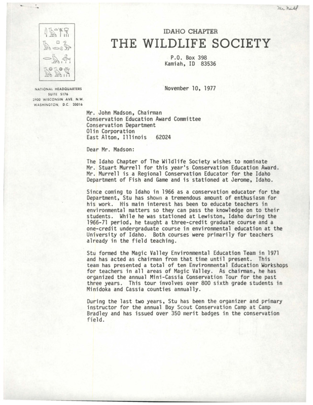 Thomas A. Leege's letter of nomination for the Conservation Education Award. The nominee is Stuart Murrell.