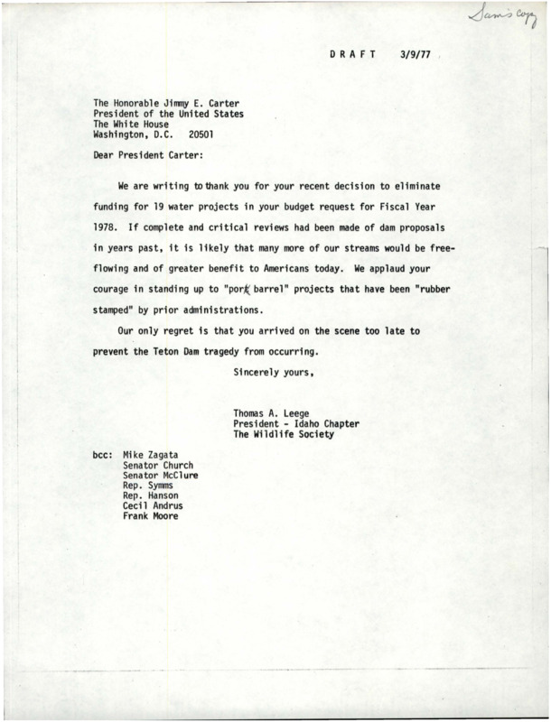 Letter from ICTWS expressing gratitude to Jimmy E. Carter to eliminating funding for nineteen water projects, with reference to the Teton dam.