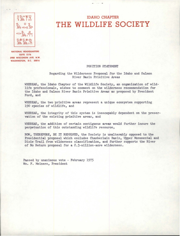 Position Statement document on "Regarding the Wilderness Proposal for the Idaho and Salmon River Basin Primitive Area". Second document titled "Resolution", on the Hells Canyon Recreation Area Bill.