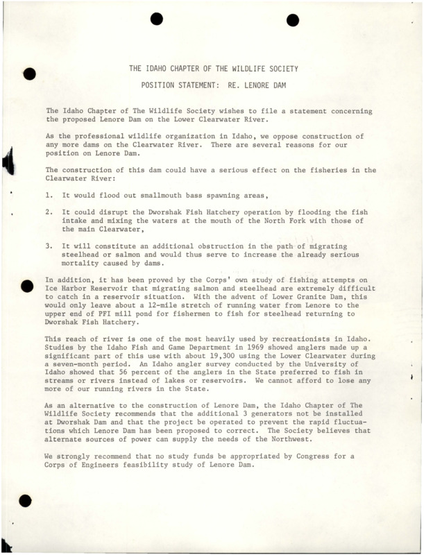 ICTWS opposing stance on any more dam construction near Clearwater river. A copy of the document 'Position Statement: Position RE. Lenore Dam' sent to Edward Tilzey
