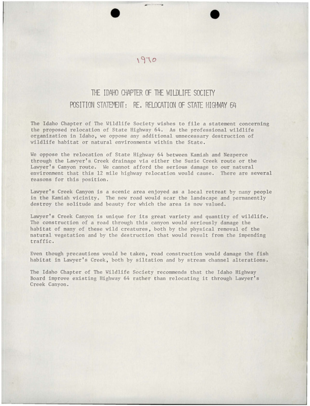 Copy of document 'Position Statement: RE. Relocation of State Highway 64'. An additional document is a letter sent to a Don Samuelson about said highway relocation.