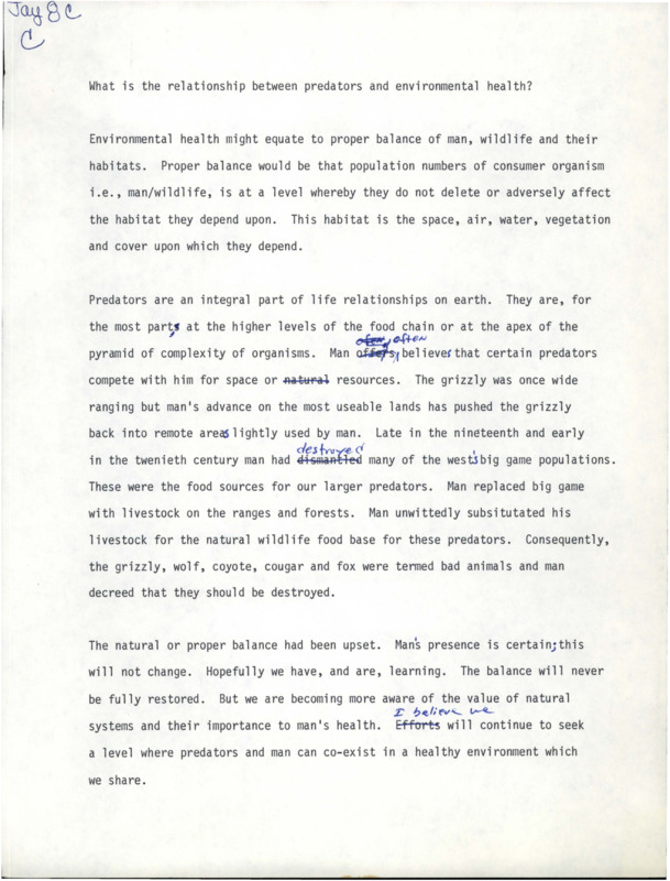 A document titled 'What is the relationship between predators and environmental health?' with its contents seemingly answering the question. There are handwritten edits in blue ink and notation on the top right of the page.