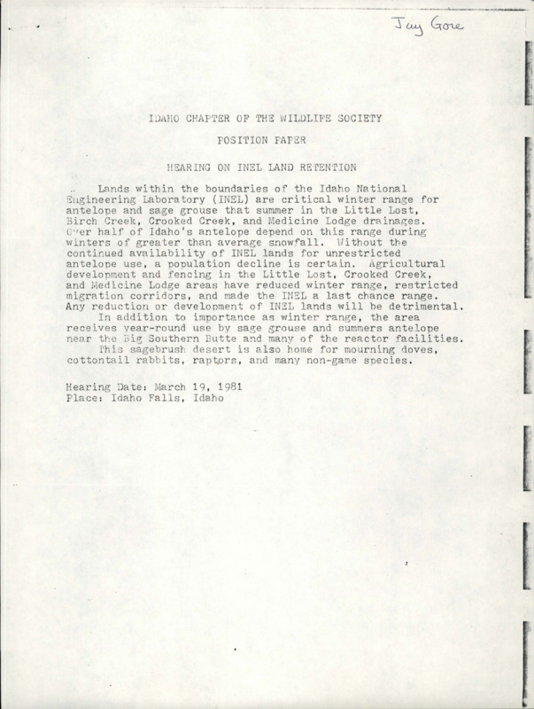 Document on the continued availability of INEL lands, and the wildlife that use the lands. Handwritten comment on top right of document reads "Jay Gore."