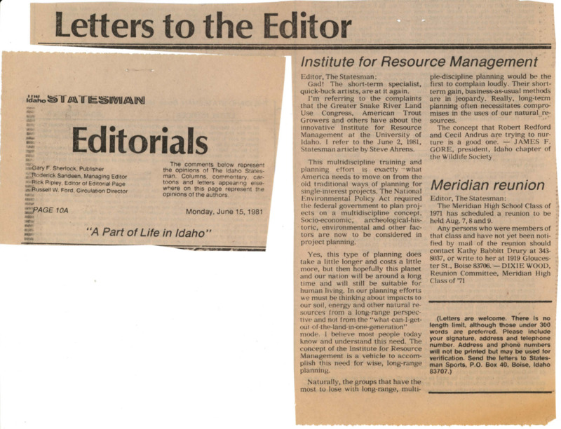 Two newspaper clippings, titled "Letters to the Editor" and "Editorials." One clipping references the document 'Letter on innovative Institute for Resource Management'.