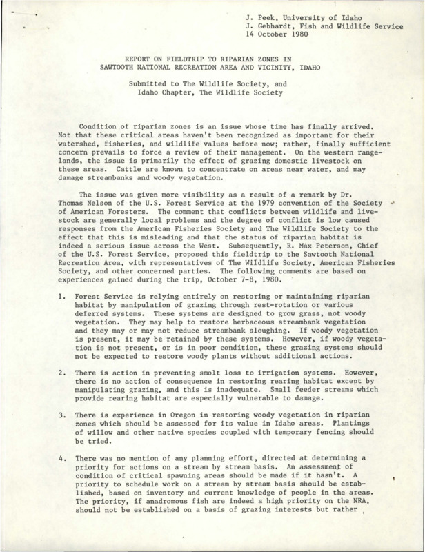 A report on a field trip to Riparian Zones Sawtooth National Recreation Area and Vicinity, Idaho. Document also includes comments on the trip experience. The last page has a mail stamp and an unidentifiable table.