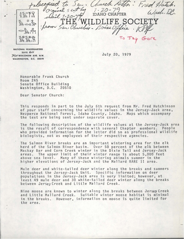 An alternate copy of the letter about the wildlife in the Jersey-Jack Area. Wildlife includes but is not limited to mule deer, white-tailed deer, moose, and bighorn sheep. Letter includes handwritten notes in black ink on the top of the first page. Right side of the page in red ink says "To Jay Gore."