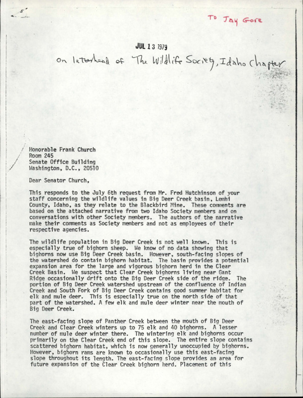 Alternate copy of the letter about 'Big Deer Creek basin', bighorn sheep, and other wildlife and creeks. Only change is the handwritten note, "To Jay Gore", on the top right in left ink.