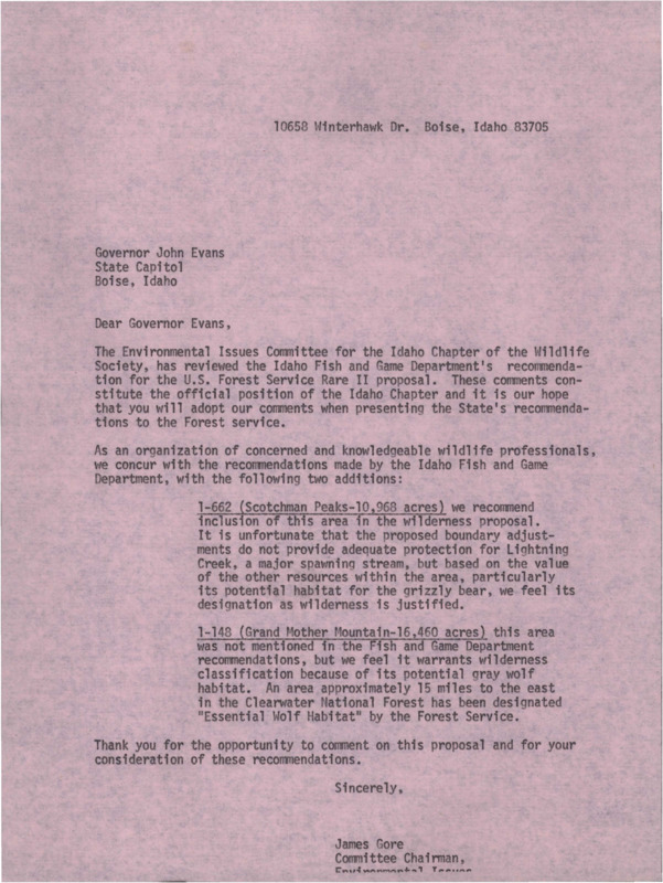 Alternative version of 'Letter about the U.S. Forest Service Rare II Proposal'. This version still includes information about the U.S. Forest Service Rare II Proposal and two recommended additions 1-662 and 1-148. The letter is on purple paper and does not feature the ICTWS letter headings.