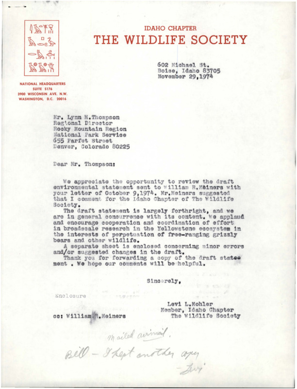 Letter and document to Lynn H. Thompson on reviewing the draft environmental statement. The second document includes the draft comments and other information.