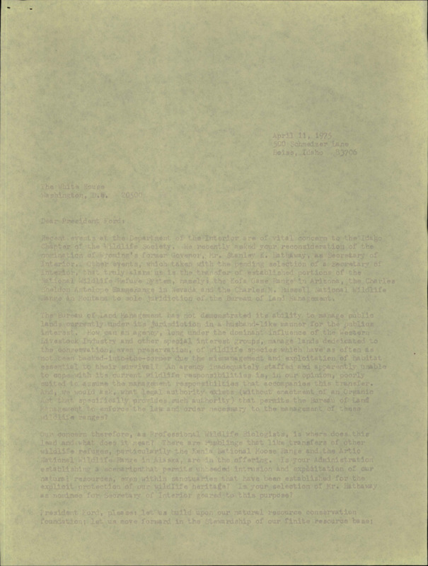 A letter to President Ford about the Bureau of Land Management.