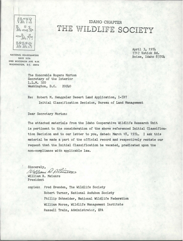 Two letters about the Idaho Cooperative Wildlife Research Unit. The first letter states a non-compliance with applicable law with the Initial Classification. It also states the second letter contains pertinent information regarding the Initial Classification Decision.