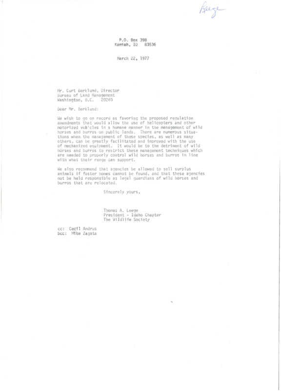 Finalized draft letter to Mr. Berkland about favoring proposed regulation amendments, and management techniques.
