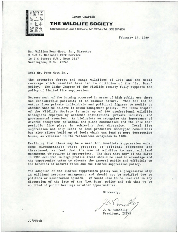 Letter about the 'Let Burn' Policy and the wildfires of 1988.
