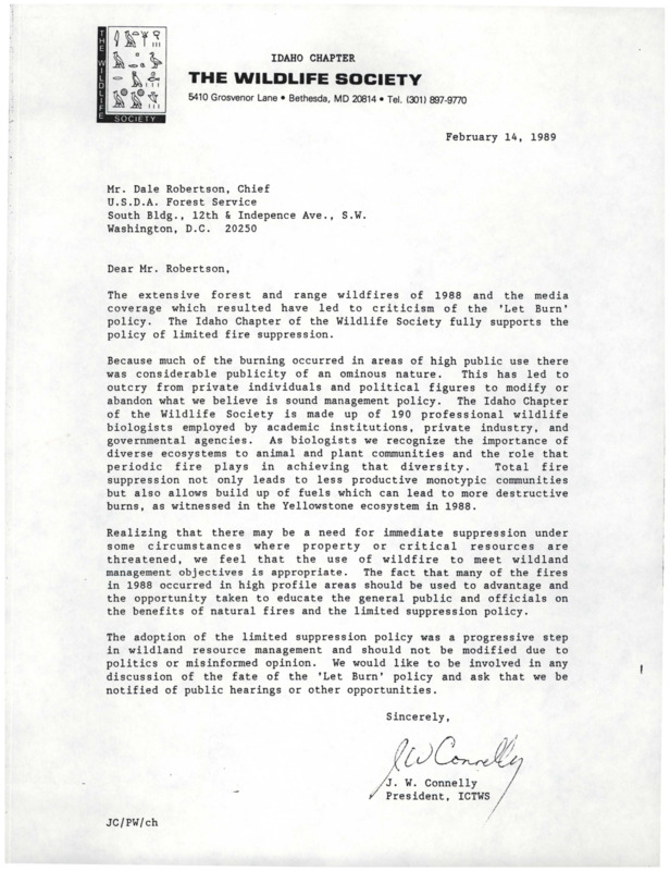 Second letter about the 'Let Burn' Policy and the wildfires of 1988. Same message sent to William Penn-Mott.