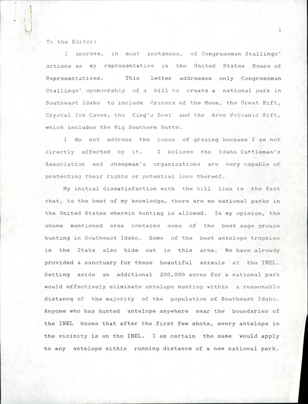Letter about Congressman Stallings' sponsorship of a bill to create a national park in Southeast Idaho to include Craters of the Moon, the Great Rift, Crystal Ice Caves, the King's Bowl, and the Acro Volcanic Rift. J.E. Horton presents many opposing facts to the creation of the National Park.