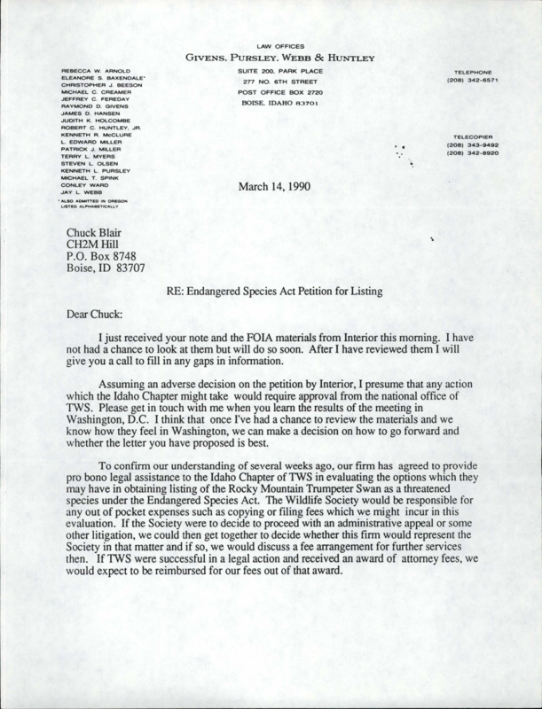 Letter about petition proceedings involving congress, the national TWS office, and legal assistance.