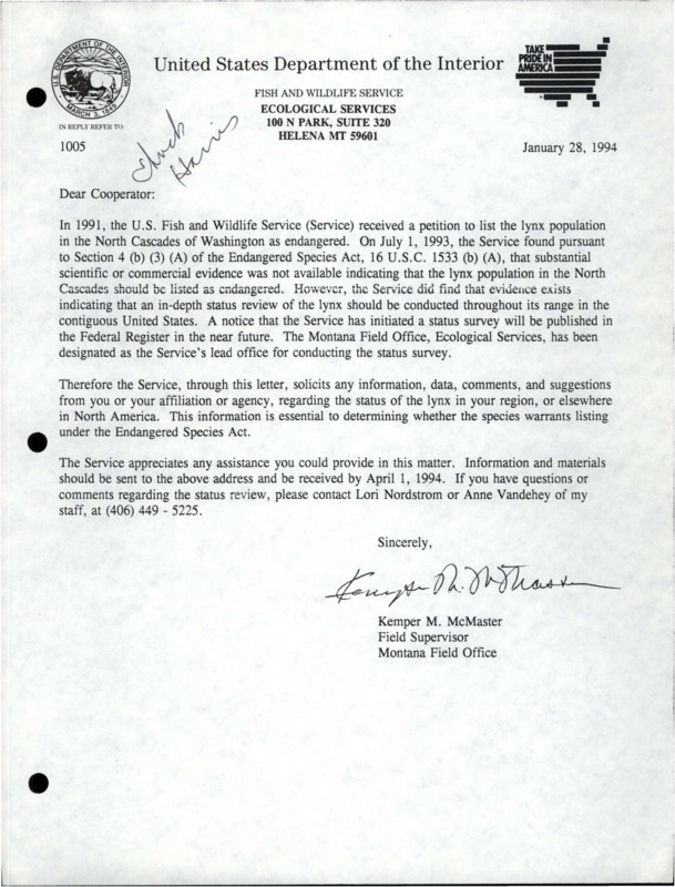 Documents on Lynx. First document is about the 1991 petition to list the lynx population in the North Cascades of Washington as endangered. The second document, "Significance of Washington State's Lynx", is an informational list about lynx.
