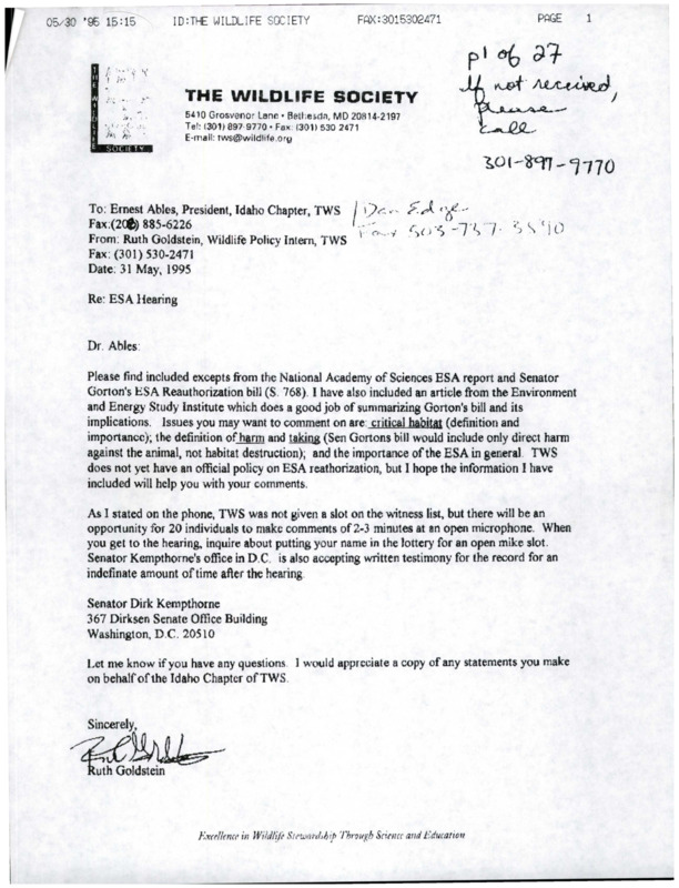 Letter/fax about the National Academy of Sciences ESA report and Senator Gorton's ESA Reauthorization bill (S. 768). Copy of the S. 768 bill. Copy of the EESI Weekly Bulletin. A document on "Science and the Endangered Species Act."