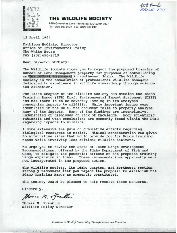 Letter about the United States Air Force proposal to construct an Idaho training range on the Owyhee Range of Southwest Idaho. The ICTWS rejects this proposal.