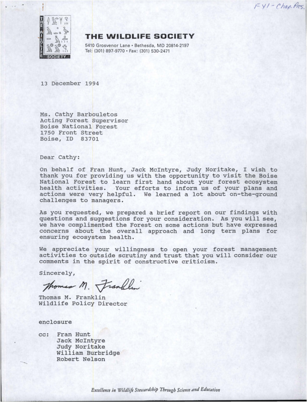 Letter and document on Boise national forest ecosystem health visit. The document titled "Report on the 27-28 October 1994 Forest Ecosystem Health Visit to the Boise National Forest, Idaho" has information including but not limited to fire management, re-seeding, habitats, woodpeckers, research, conservation, ponderosa pine trees, and forest health policy.