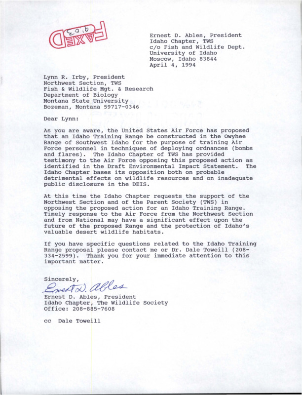 Letter on the Idaho Chapter of The Wildlife Society opposition to the United States Air Force Proposal to construct an Idaho training range. Ernest Ables states its opposition is based on probable detrimental effects on wildlife resources and on inadequate public disclosure in the DEIS.