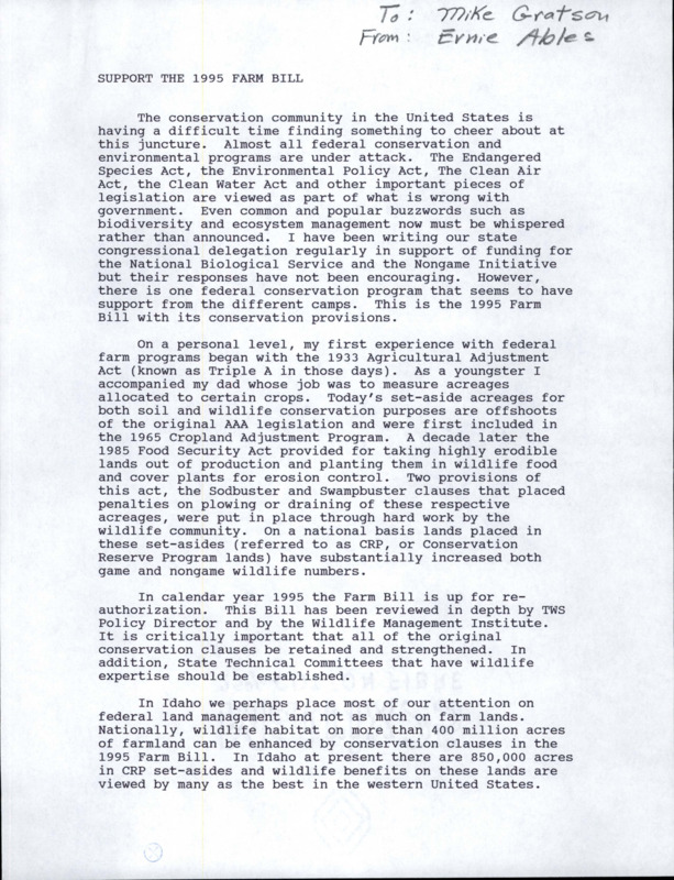 Letter on supporting the 1995 Farm Bill. There is handwritten comment in pencil that reads "Mike, Don't forget to date the next newsletter. Ernie".