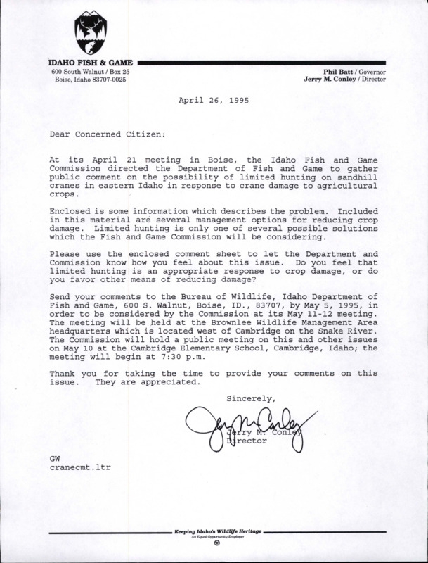 Letter to a concerned citizen to Jerry M. Conley explaining how to submit an official comment about limiting sandhill crane hunting.