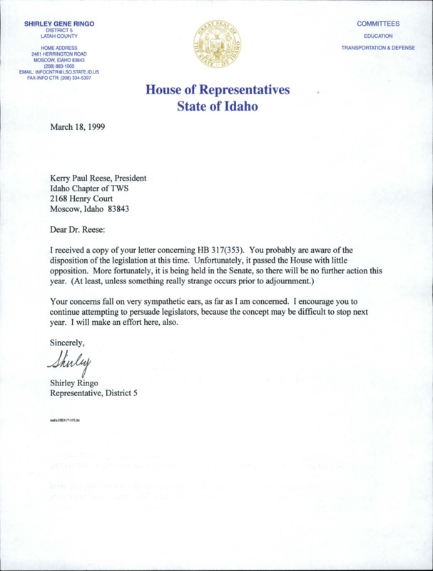 Letter from Shirley Ringo on HB317(353) to Kerry Paul Reese.