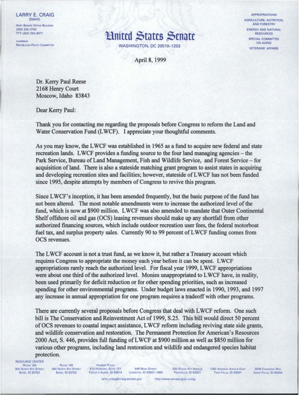 Letter on proposals to reform the Land and Water Conservation Fund (LWCF). Letter also provides a detailed explanation on the LWCF.