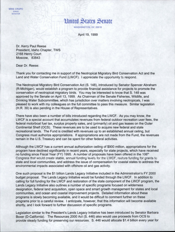 Letter from Mike Crapo about the Neotropical Migratory Bird Conservation Act and the Land and Water Conservation Fund (LCWF). Mike Crapo discusses bills related to the LWCF.