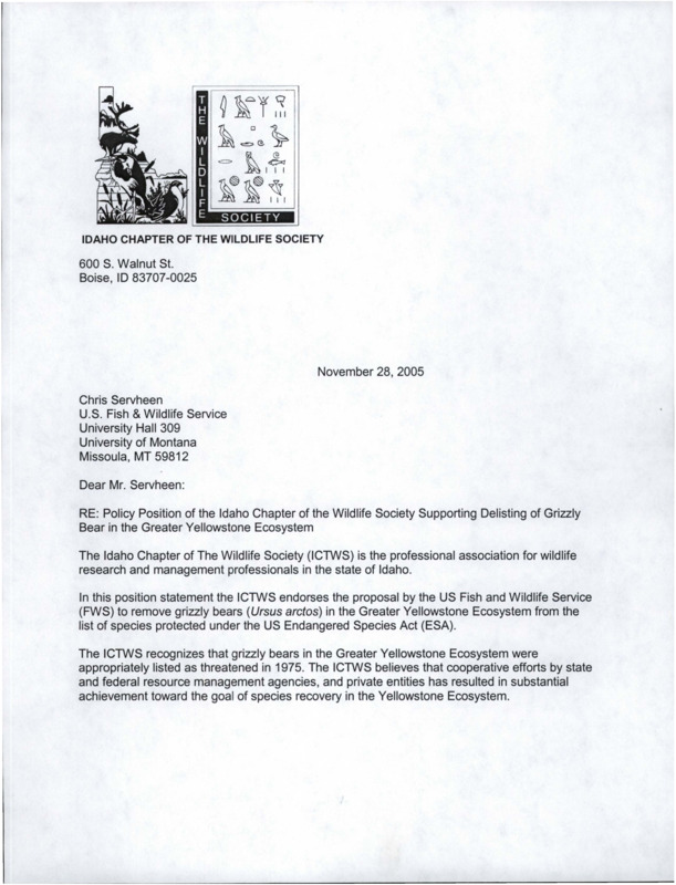 Letter on "Policy Position of the Idaho Chapter of the Wildlife Society Supporting Delisting of Grizzly Bear in the Greater Yellowstone Ecosystem." The letter has a list of achievements since the ESA listing.