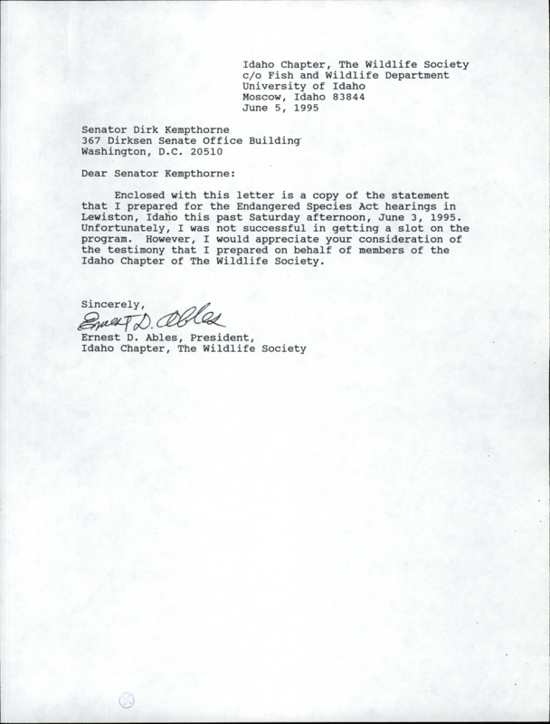 Letter about Endangered Species Act hearings. The second document is a testimony, mentioned in the letter. The testimony concerns the Endangered Species Act, and states the act should not be changed dramatically.