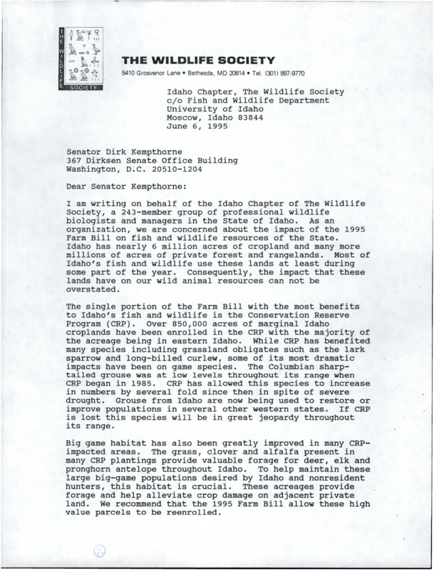 Letter on the 1995 Farm Bill with concerns on the impact it may have on the fish and wildlife resources of the state. The ICTWS also has a list of recommendations for the bill.