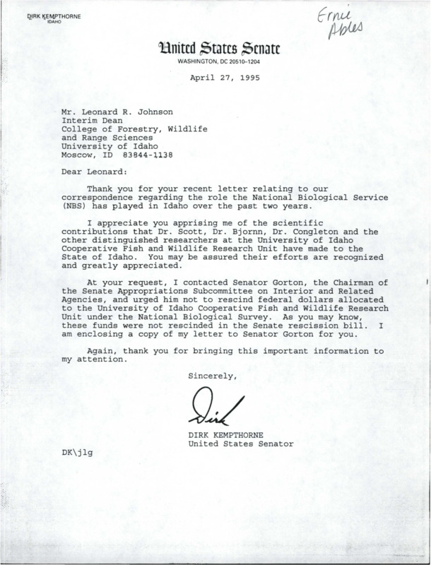 Letters about the Coop-Unit Program. Dirk Kempthorne writes about his communications with Senator Gorton, to Leonard R. Johnson. Said communications involve H.R. 1158, a House recessions bill. Kempthorne asks Gorton to support the bill.